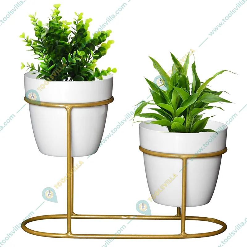 Ecofynd Stylish, Contemporary White Metal Planter Pots with Golden Stand (2 Piece Set)
