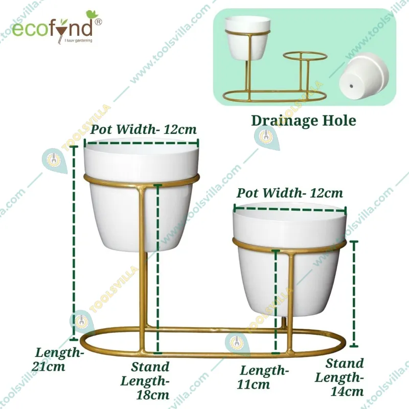 Ecofynd Stylish, Contemporary White Metal Planter Pots with Golden Stand (2 Piece Set)