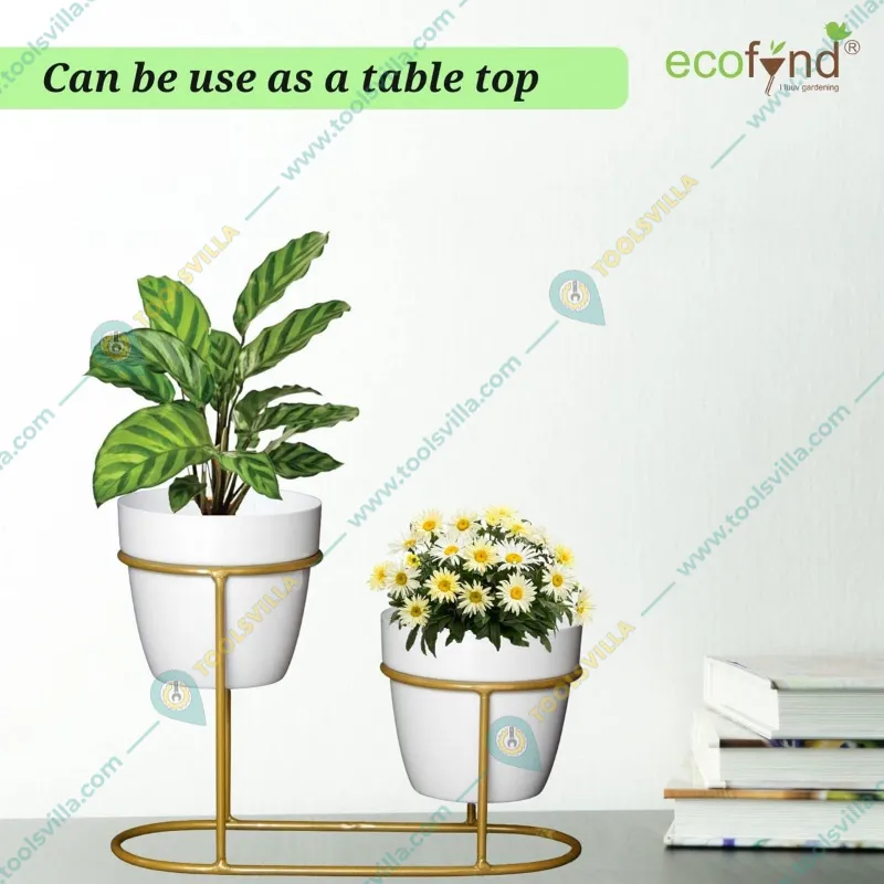 Ecofynd Stylish, Contemporary White Metal Planter Pots with Golden Stand (2 Piece Set)