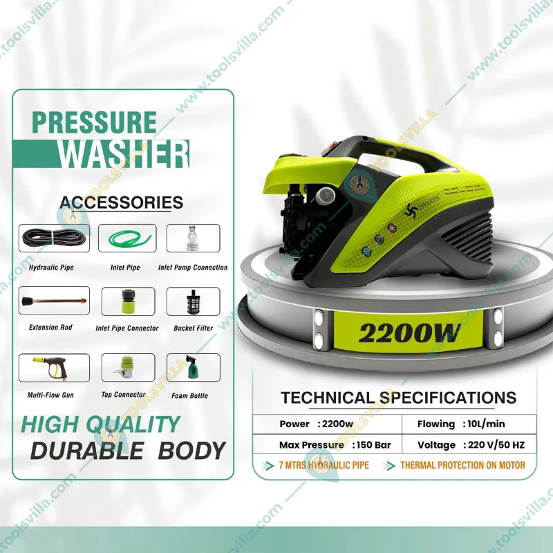 Swastik Pro 200 High Pressure Washer, 150 Bar and 2200 W Thermally Protected Motor, 10 LPM Flow Rate