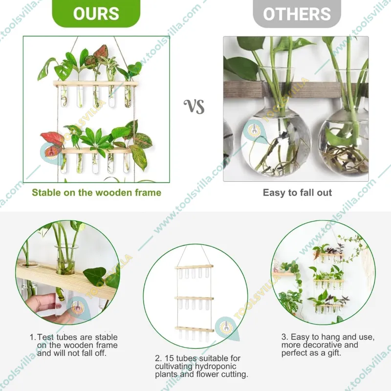 Ecofynd TTP006 Wooden 3-Tier Wall Hanging Test Tube Planter for Hydroponic Indoor Decor
