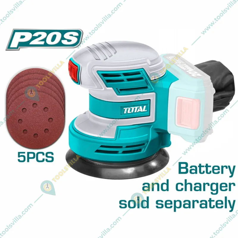 Total 20V Lithium-Ion Cordless Random Orbital Sander with 5 Pcs Sand Paper Without Battery & Charger (TROSLI2001)