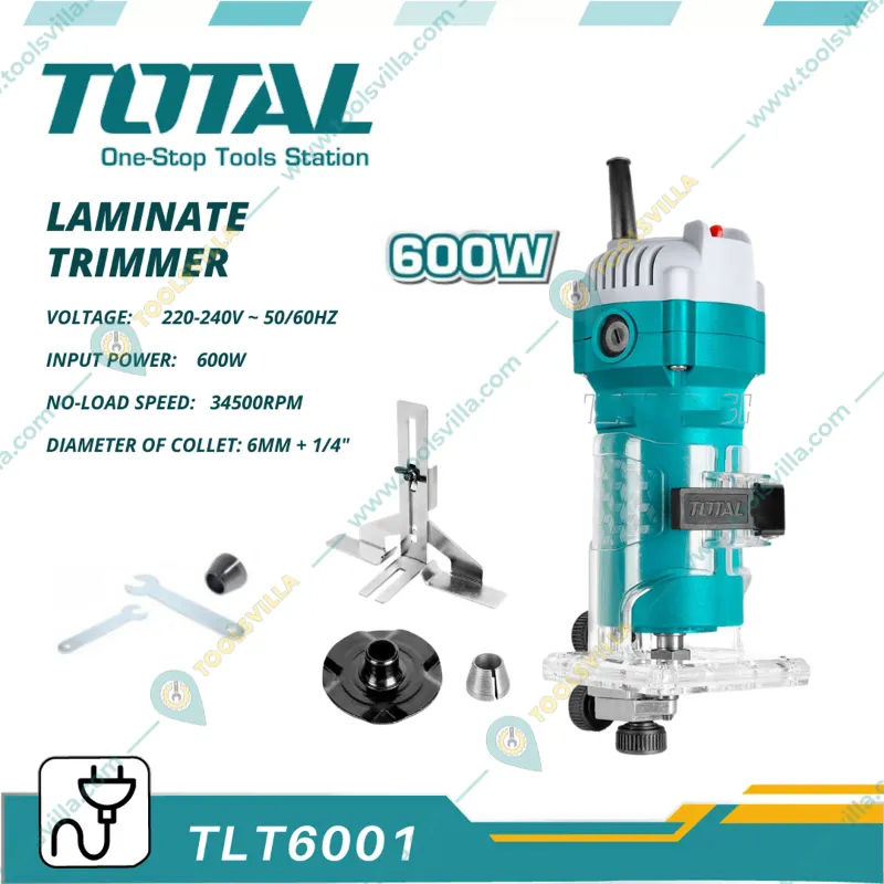Total 6 mm 600 Watt Laminate Trimmer with Accessories, 34500 RPM (TLT6001)