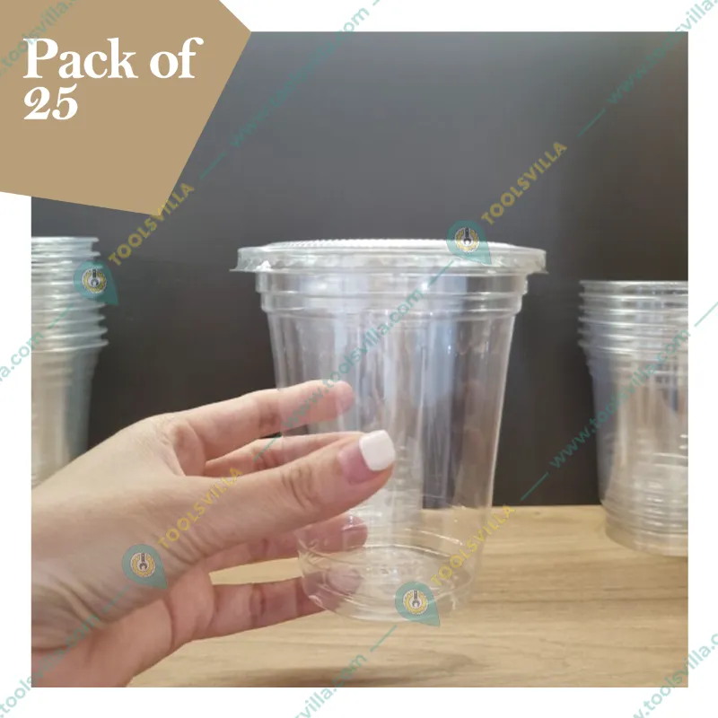 300ml Transparent Plastic Glass with Flat Lids(Pack-25 Pcs )