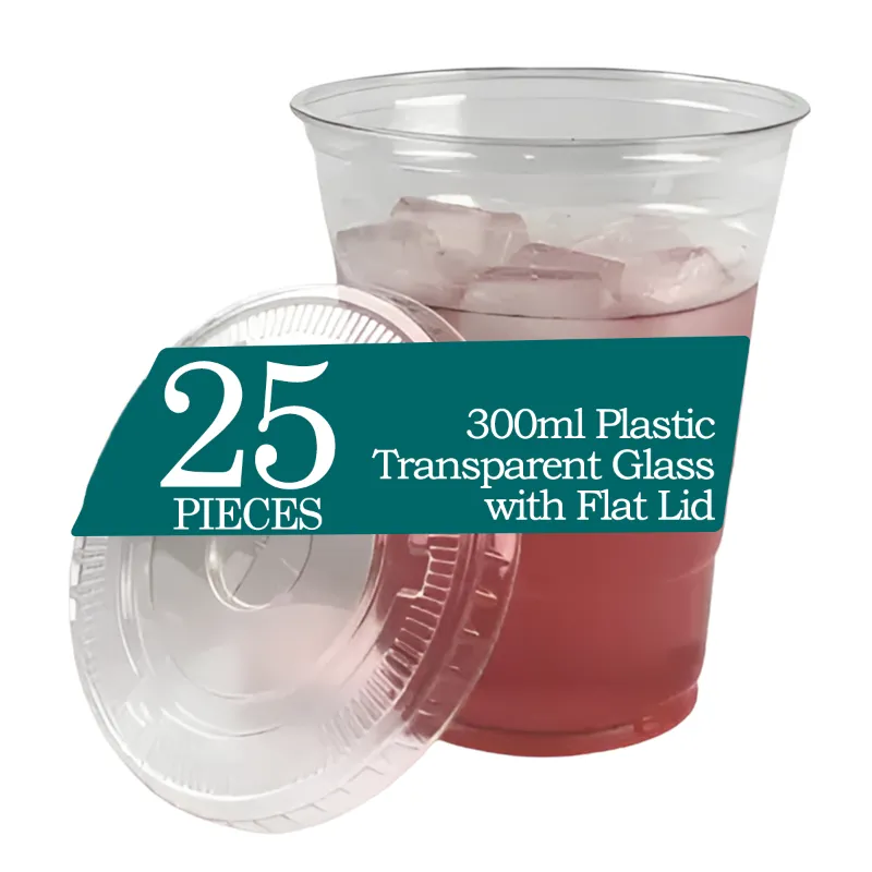 300ml Transparent Plastic Cups with Flat Lids (Pack-25 Pcs )