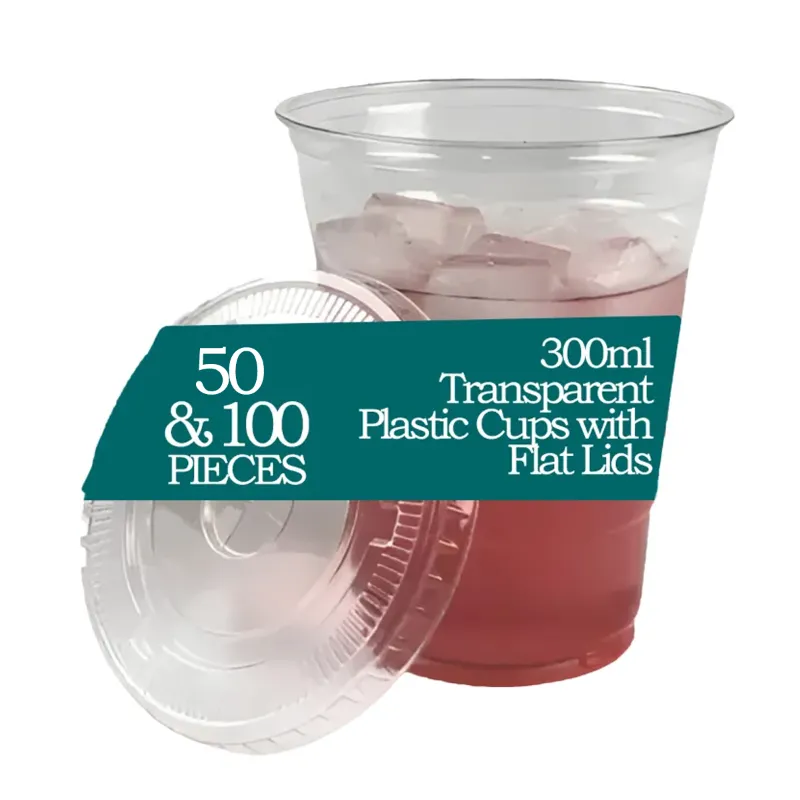 300ml Transparent Plastic Glass with Flat Lids(Pack-50 Pcs )