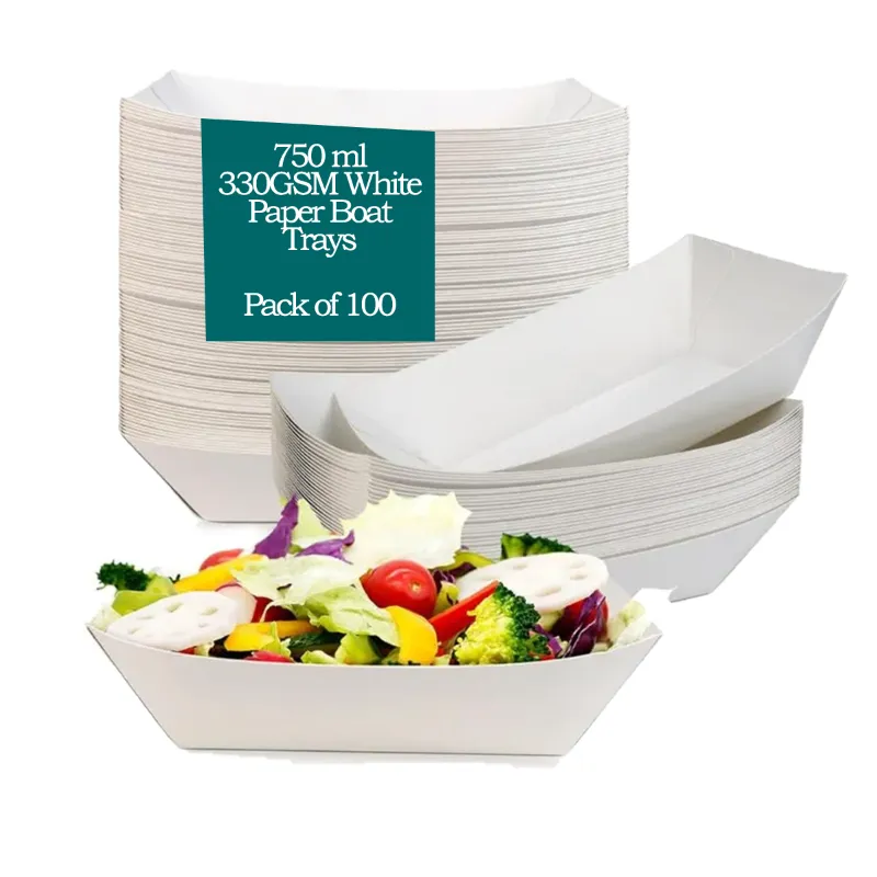 100 Pcs, 750ml 330GSM White Paper Disposable Boat Trays for Salad Servings