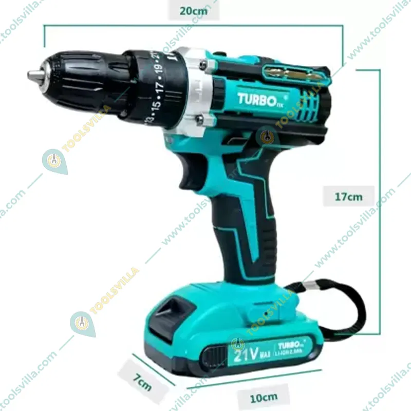 Turbo 21 V 10mm Cordless Drill Machine With Tool Kit Box 1300 RPM