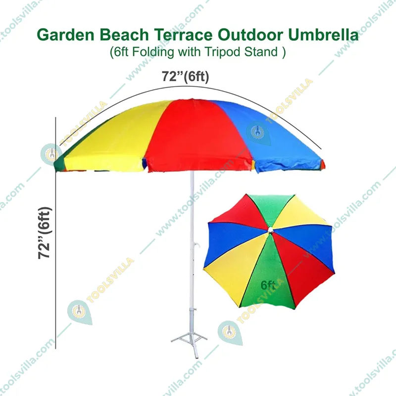 Premium Quality 6 Feet Outdoor Umbrella With Tripod Stand For Garden, Beach, Terrace (Color-Multi Color)