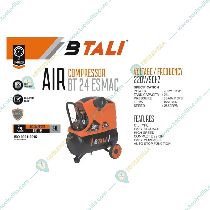 BTALI 24 Liters Air Compressor With 2 HP Motor, 115 psi Max. Pressure and 155 LPM Max. Flow (BT 24 ESMAC)