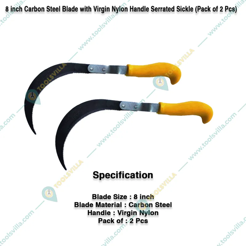 Serrated Sickle of 8 inch Carbon Steel Blade with Virgin Nylon Handle (Pack of 2)