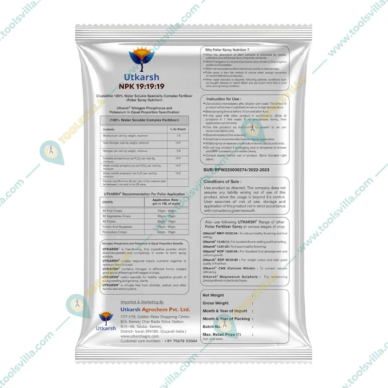 Utkarsh NPK (19:19:19) (Speciality Crystalline 100% Water Soluble Complex Fertilizer) Enhance Vegetative Growth | 250 gm