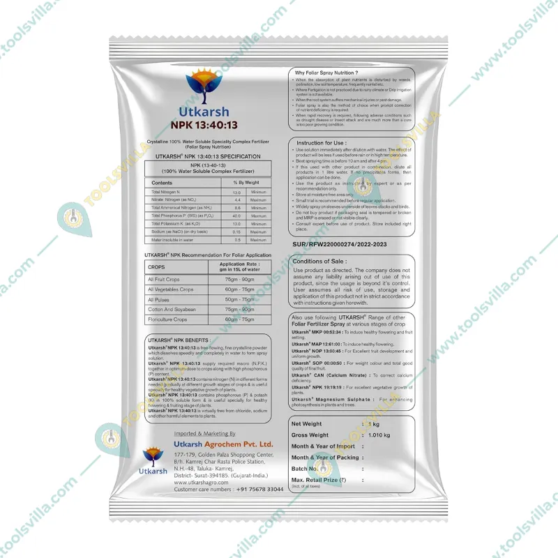 Utkarsh NPK (13 : 40 : 13) (Speciality Crystalline 100% Water Soluble Complex Fertilizer) Increase Flowering | 900 gm(Pack-1 x 900 gm)
