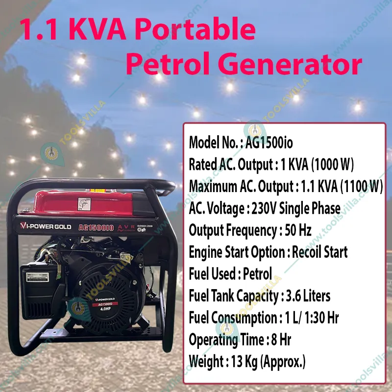 Vi Power Gold 1.1 KVA Single Phase Recoil Start Petrol Generator With 3.6 L Fuel Tank Capacity (AG1500iov)