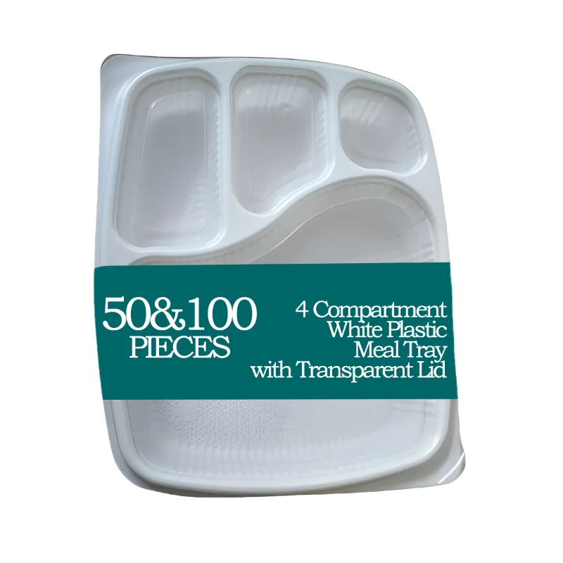 4 Compartment 300 Micron White Plastic Meal Tray with Transparent Lid for Thali, Indoor and Outdoor Events