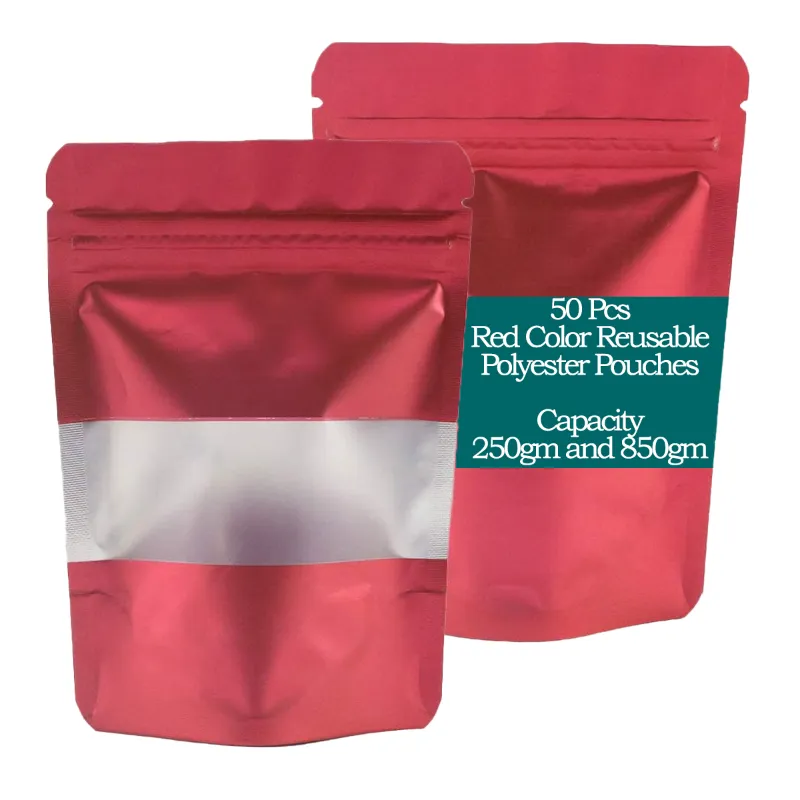 50 Pcs, Red Color Reusable Polyester Stand Up Pouches with Transparent Window(Capacity-250 gm)