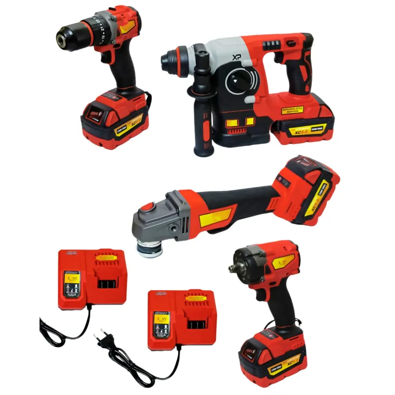 XLNT 21V Li-Ion Cordless Rotary Hammer, Angle Grinder, Impact Wrench & Electric Drill Combo Kit With Accessories
