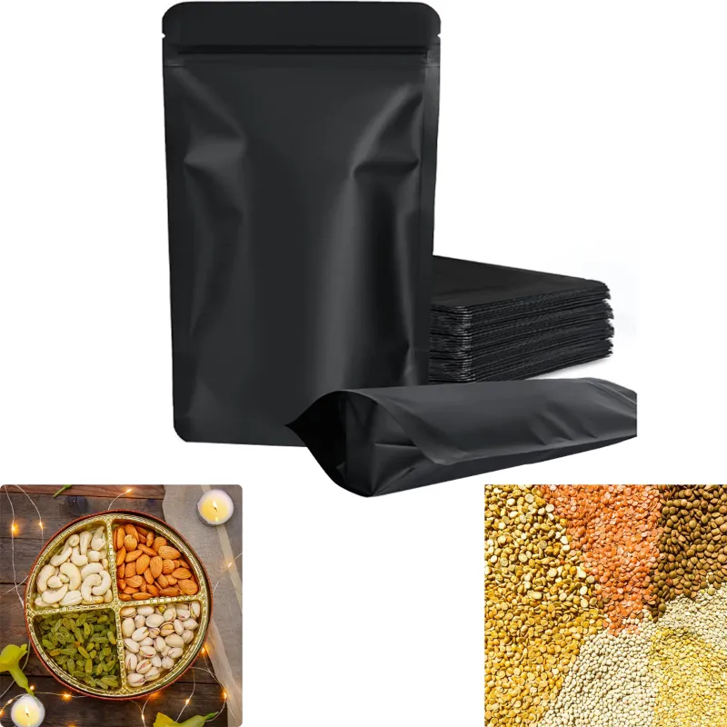 Matt Black Stand Up Ziplock Reusable Polyester Storage Pouch Without Transparent Window for Food & Snacks | Pack of 50